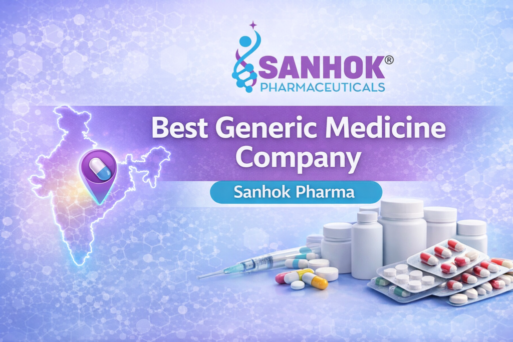 Sanhok Pharma best generic medicine company in India thumbnail with branded pharma products and medical theme